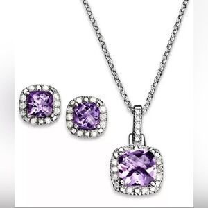 Macy’s Genuine Amethyst & Diamond Accent Pendant Necklace & Stud Earrings Set